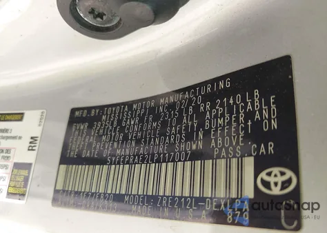 2020 Toyota Corolla Le из США, поврежденный, VIN 5YFEPRAE2LP117007